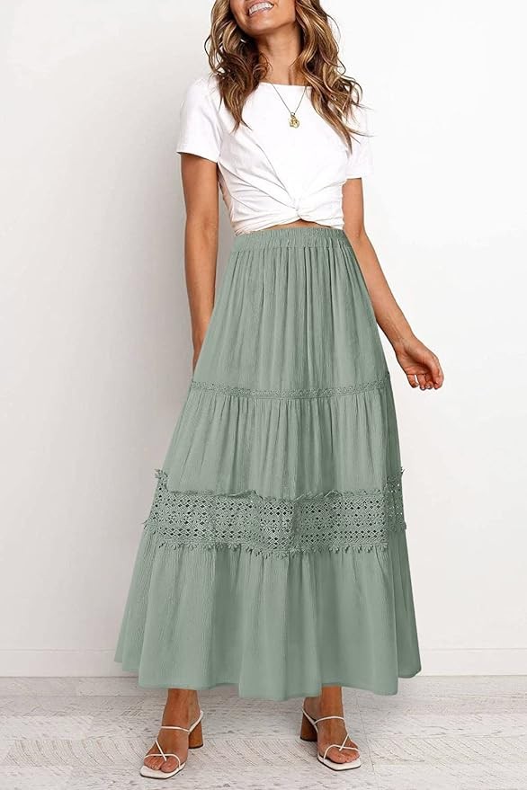 MEROKEETY Women's Boho Elastic High Waist Pleated A-line Ruffle Lace Trim Tiered Midi Maxi Skirt with Pockets