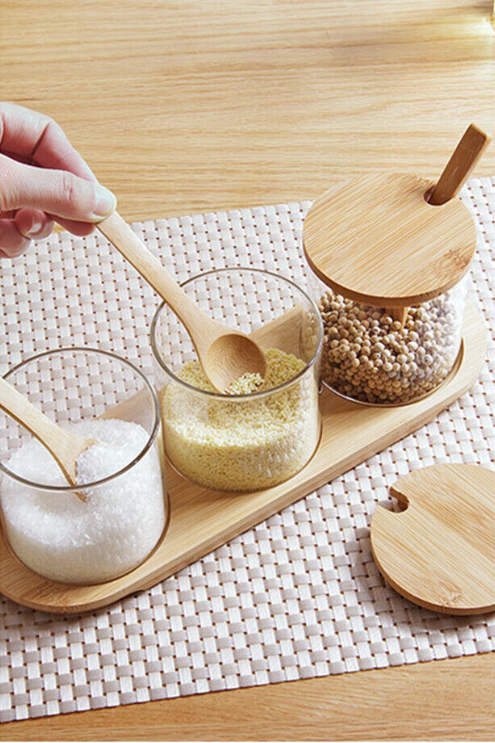 Kitchen Glass Storage Jar with Bamboo Lid Seasoning Canister Can Organizer