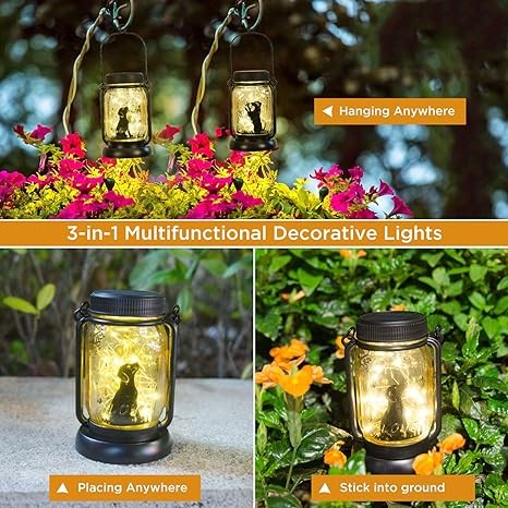 Styleonme Decor Mobile Outdoor Solar Lanterns, Dog & Butterfly Fairy Lights Theme Garden, Mason Jar Solar, Gifts for Women,Mom, Grandma, Everyone, Cat Themed Gifts, Garden Fence Patio Lawn Decor