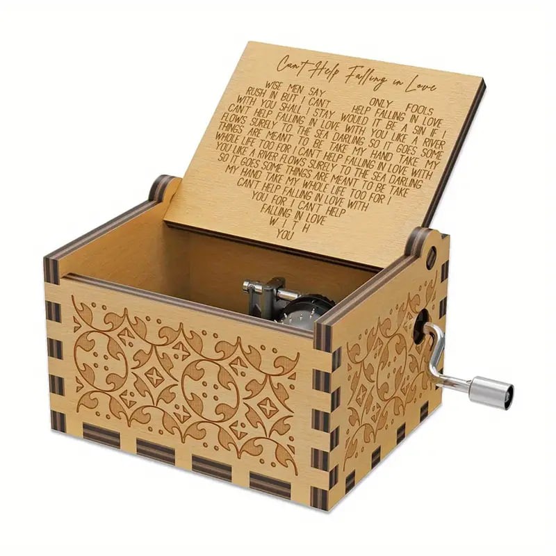 1pc Can’t Help Falling In Love Music Box, Music Box Hand Crank Laser Vintage Wood Carved Musical Box Gifts For Gifts For Lover, Boyfriend, Girlfriend, Husband, Wife (Heart-Can’t Help Falling In Love)