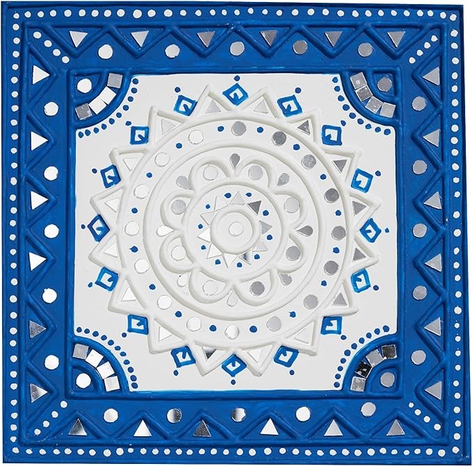 IndoTribe, Blue Wall Decor - 10x10 Inch, Lippan Art Wall Decor | Indian Wall Decor from India | Indian Decorations for Home | Indian Wall Art | Mirror Decorative Wall Art for Above Bed Wall Decor