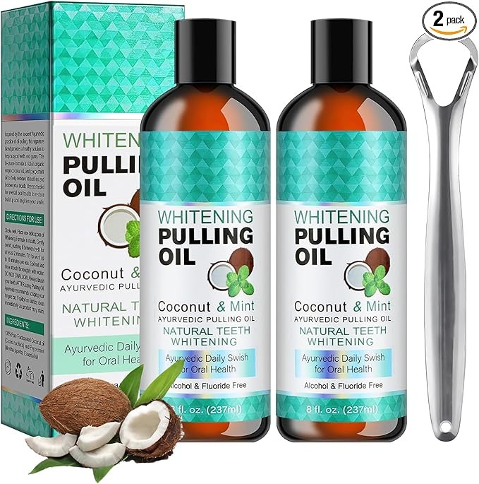 YCNASSS 2PCS Whitening Coconut Oil Mouthwash with Tongue Scraper, Coconut Oil Pulling for Oral Care to Help Fresh Breath, Teeth Whitening and Gum Health