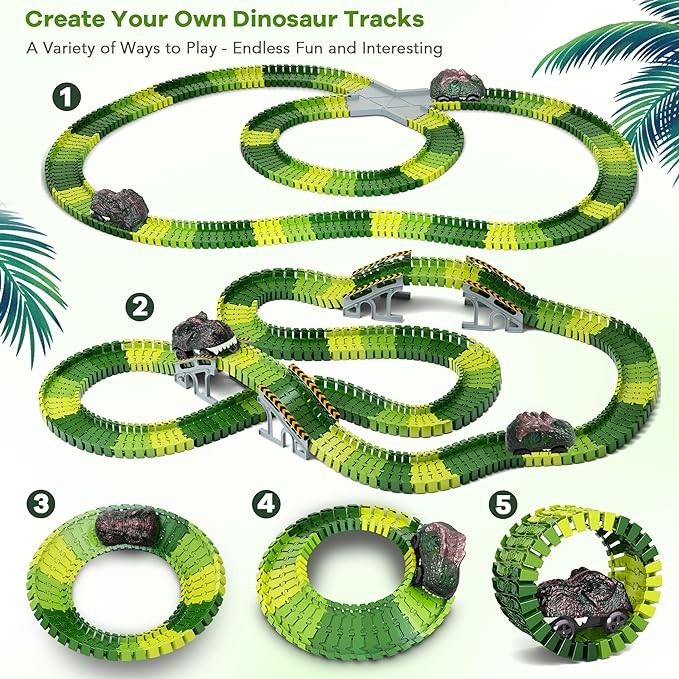 Dinosaur Toys, 252 PCS Create A Dinosaur World Road Race Tracks, Flexible Track Playset, 2pcs Dinosaur Car for 3 4 5 6 Year Old Boys Girls Best Gift
