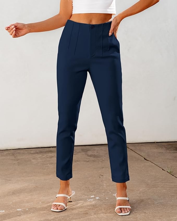 GRAPENT Cropped Pants for Women Dressy Casual High Waisted Pleated Pants Lightweight Stretch Slim Ankle Trousers Pants