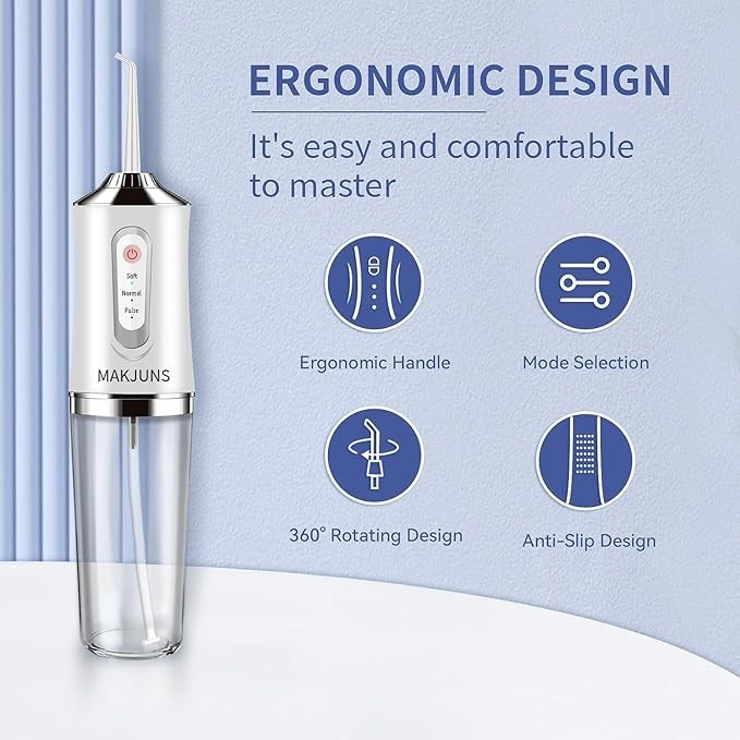 Water-Flosser-Cordless-Teeth-Cleaner MAKJUNS Water Dental Flosser with 3 Modes 4 Jets Rechargeable IPX7 Waterproof Dental Oral Irrigator for Travel Home Braces(Classic White)