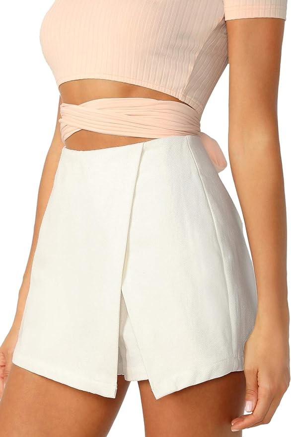 WDIRARA Women's Casual Mid Waist Zip Back Split Front Summer Solid Wrap Shorts