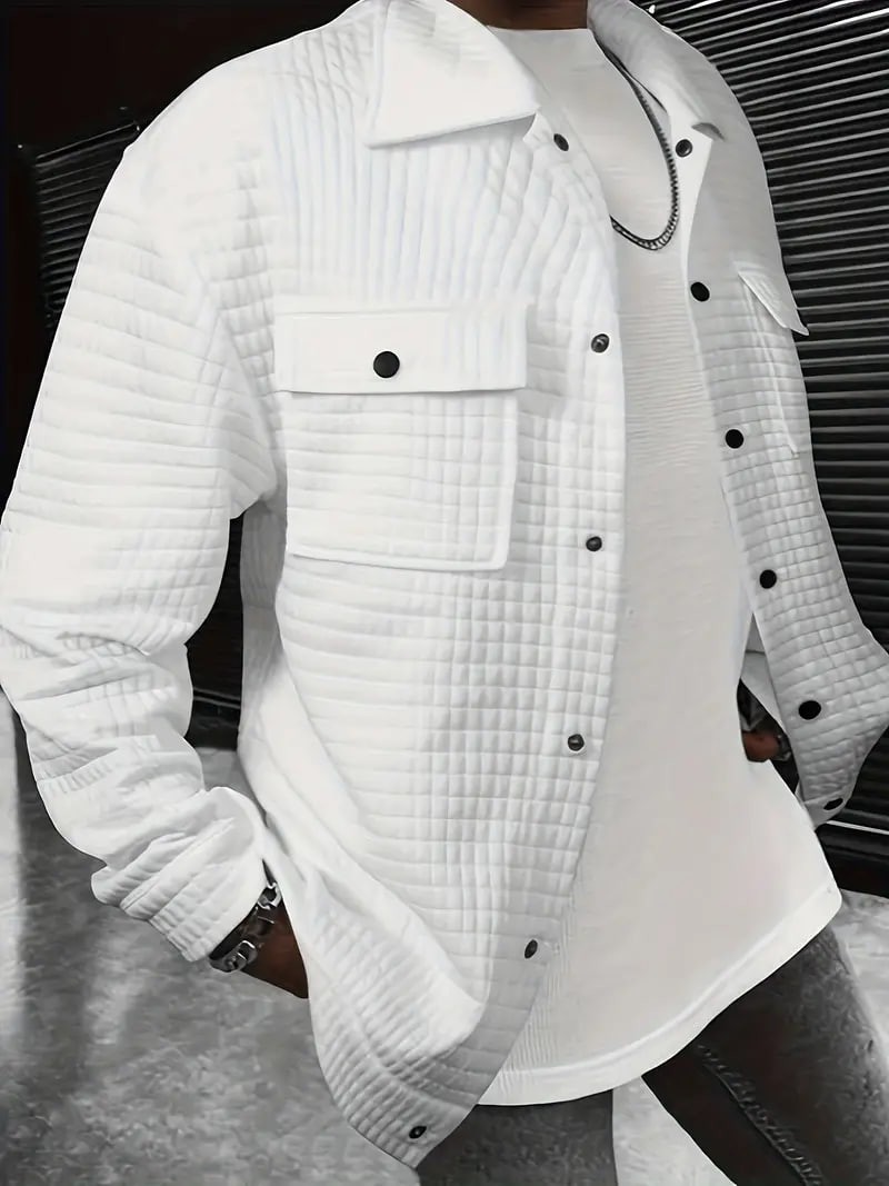Plus Size Men's Casual Waffle Shirt, Spring Fall Solid Cargo Shirt With Pockets, Men's Clothing