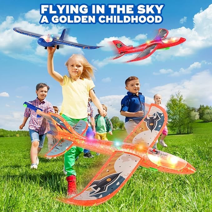 3 Pack Airplane Launcher Toy,Foam Glider Led Plane, Catapult Plane Boy Toys with 3 DIY Stickers, Outdoor Sport Flying Toys for Kids Gifts for 4-12 Year Old Boys Girls