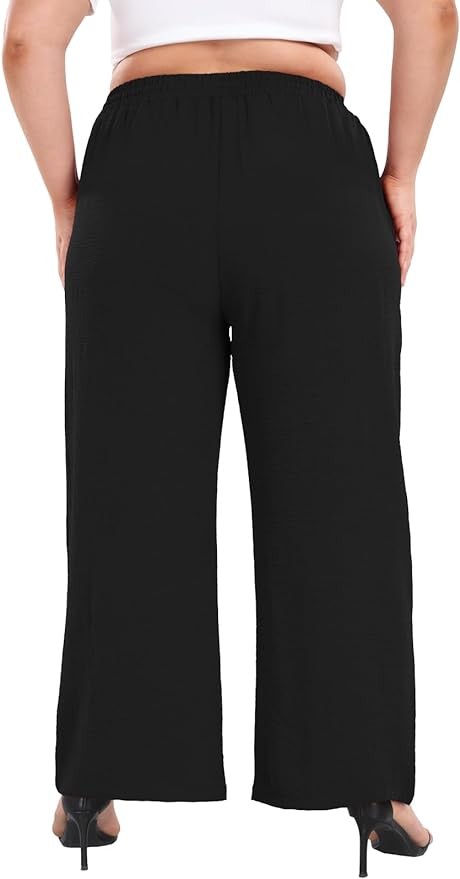 Lastshe Women's Plus Size Wide Leg Pants Summer Stretchy Drawstring Waist Comfortable Fit Casual Trousers Pants with Pockets