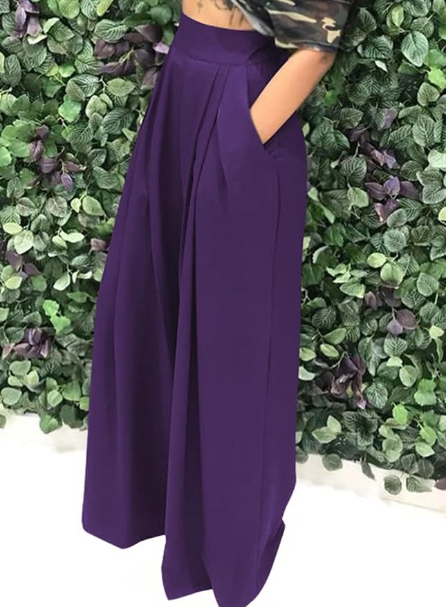 EQQZD Palazzo Pants for Women Flowy Wide Leg High Waisted Trousers Long Dressy Bottoms