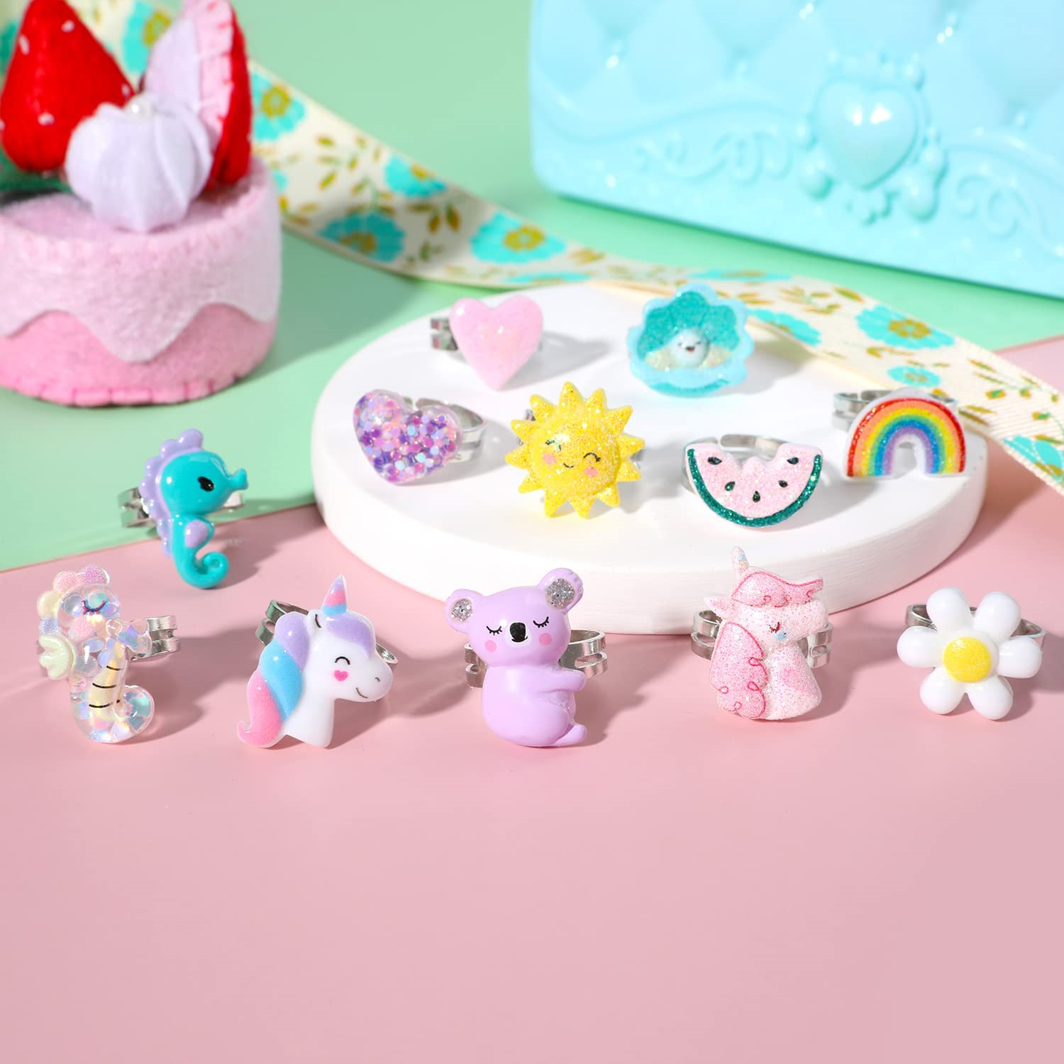 PinkSheep Little Girl Jewel Rings in Box, Adjustable, No Duplication, Girl Play