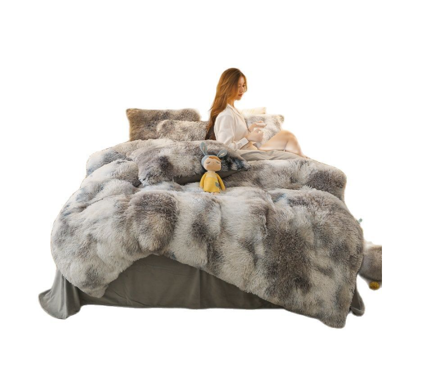Duvet Cover Set Artificial Long Mink Hair Warm Bedding Set Heart Cushion Pillowc