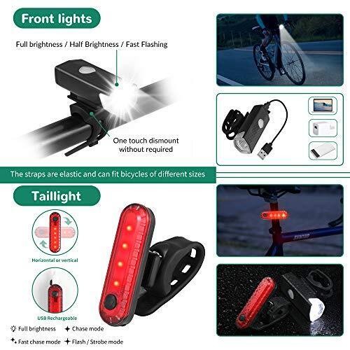 8 Pack Bicycle Accessories, Bike Light Set USB Rechargeable, 1 Bike Water Bottle Holder, Bike Bag and 1 Bike Aluminum Bicycle Bell,P