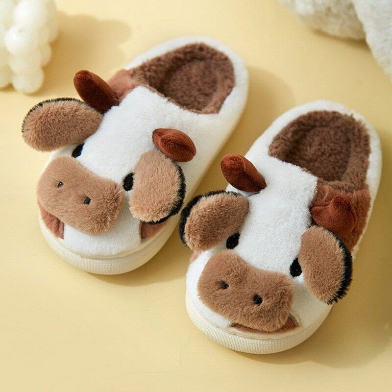 Animal Slipper Women Girls Fluffy Slippers Woman Cartoon Milk Cow House Shoes