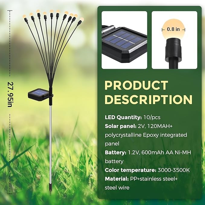 PATIOPIA Solar Garden Lights, 20 LED Firefly Solar Lights Outdoor, Solar Lights for Outside Sway by Wind,Solar Lights Outdoor Waterproof for Monther's Gift,Yard Patio Pathway Decoration (2 Pack)