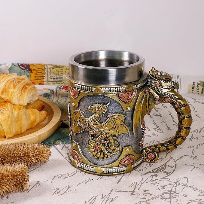 alikiki Medieval Steampunk Dragon Mug - Large Coffee Mug Mechanical Dragon D&D Gift for Men Father's Day Gifts - 21OZ Stainless Steel Party Gaming Mugs Beer Tankard Visit the alikiki Store