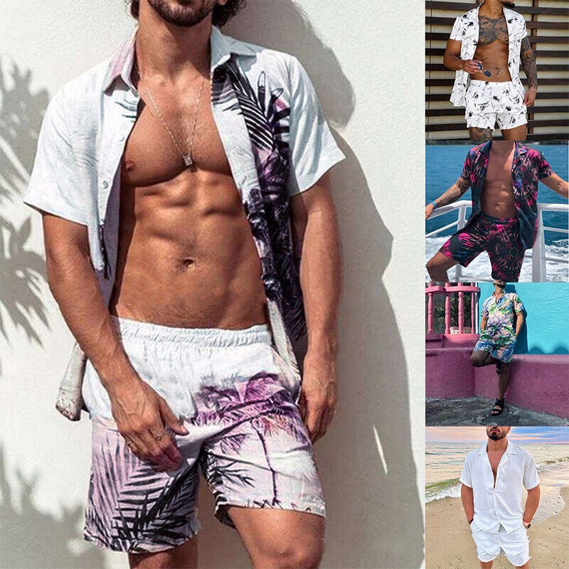 Men's Summer Hawaii Outfits Short Sleeve Shirts +Shorts Casual Beach 2Pcs Sets