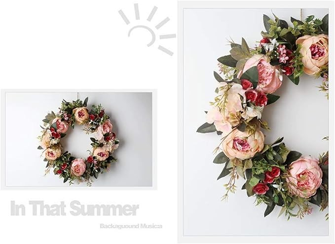 Peony Spring Wreath for Front Door, Handmade Pink Floral Wreath Artificial Spring Garland Wreath for Front Door Wall Wedding Party Home Deco