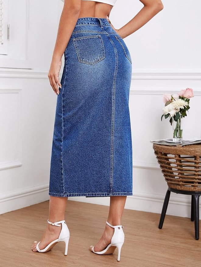 SweatyRocks Women's Casual Denim Skirt High Waist Split Front Long Jean Skirts