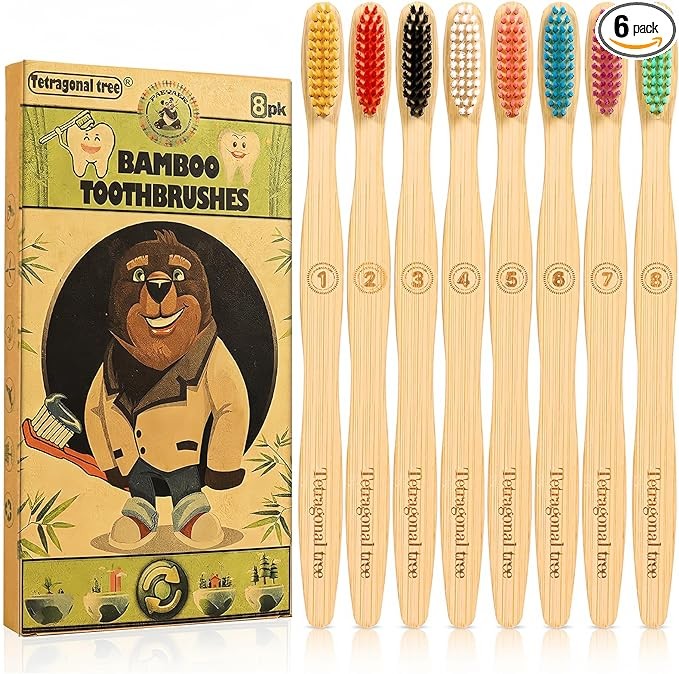 Tetragonal tree ??? Biodegradable Bamboo Toothbrushes 8 Pack - Natural Toothbrush Value Pack - Extra Soft Toothbrush for Adults, Good for Sensitive Teeth and Gums