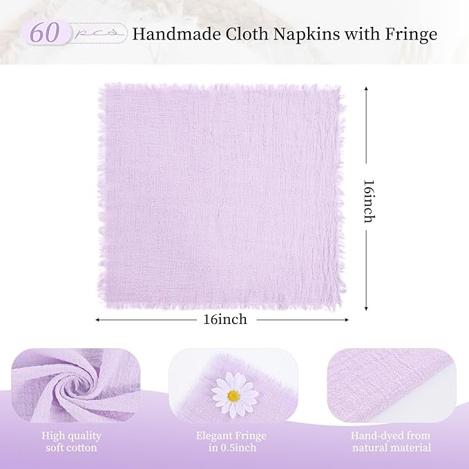 60 Pack Lavender Napkins Cotton Linen Napkins 16 x 16 Inch Lilac Napkins Handmade with Fringe Soft Napkins Cloth Washable Rustic Dinner Napkins Cloth for Wedding Party Dinner Table