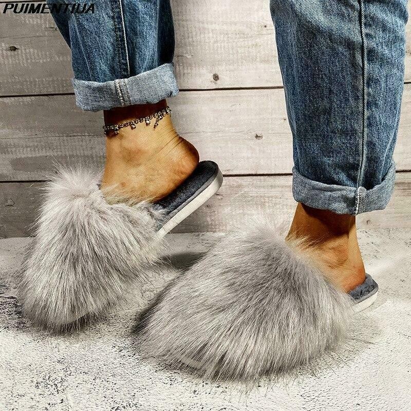 Fur Slides Women Summer Furry Slippers Fluffy Home Shoes Ladies Luxury Fur Flops