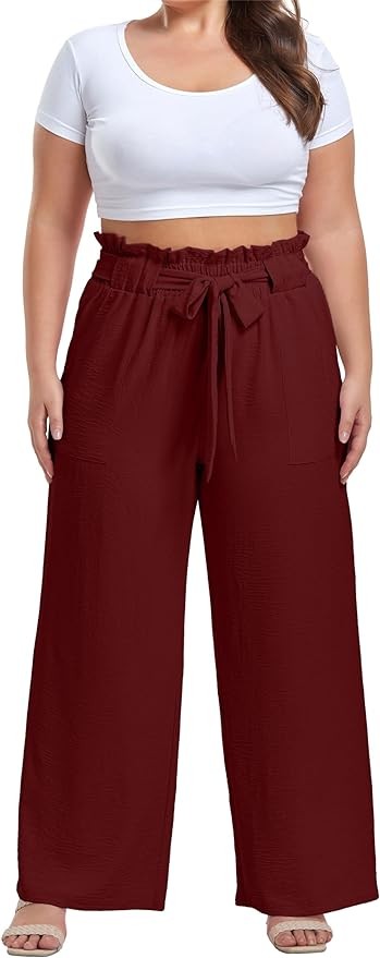 OLRIK Women's Casual Plus Size Pants High Waisted Self-tie Belted Lounge Pants Straight Long Trousers with Pockets