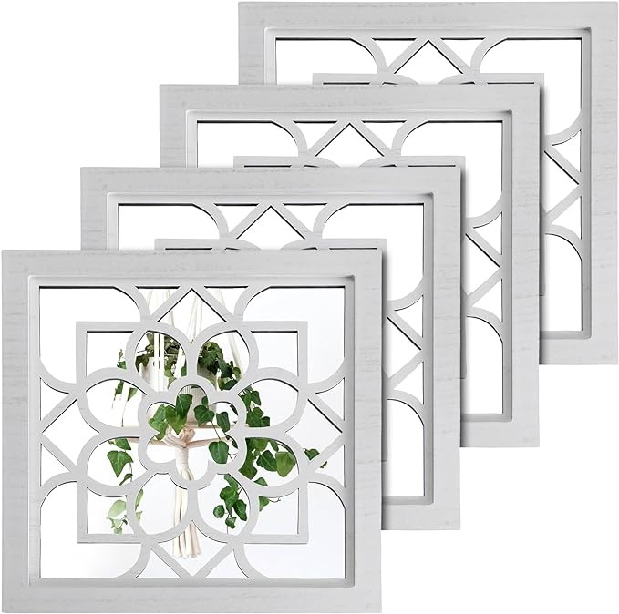 Beeveer 4 Pcs 11.8 x 11.8 Inch Square Decorative Wall Mirror Modern Mirrored Wall Decor Wood Framed Wall Mounted Decorative Mirrors for Wall Decor Bedroom Kitchen Living Room(White)