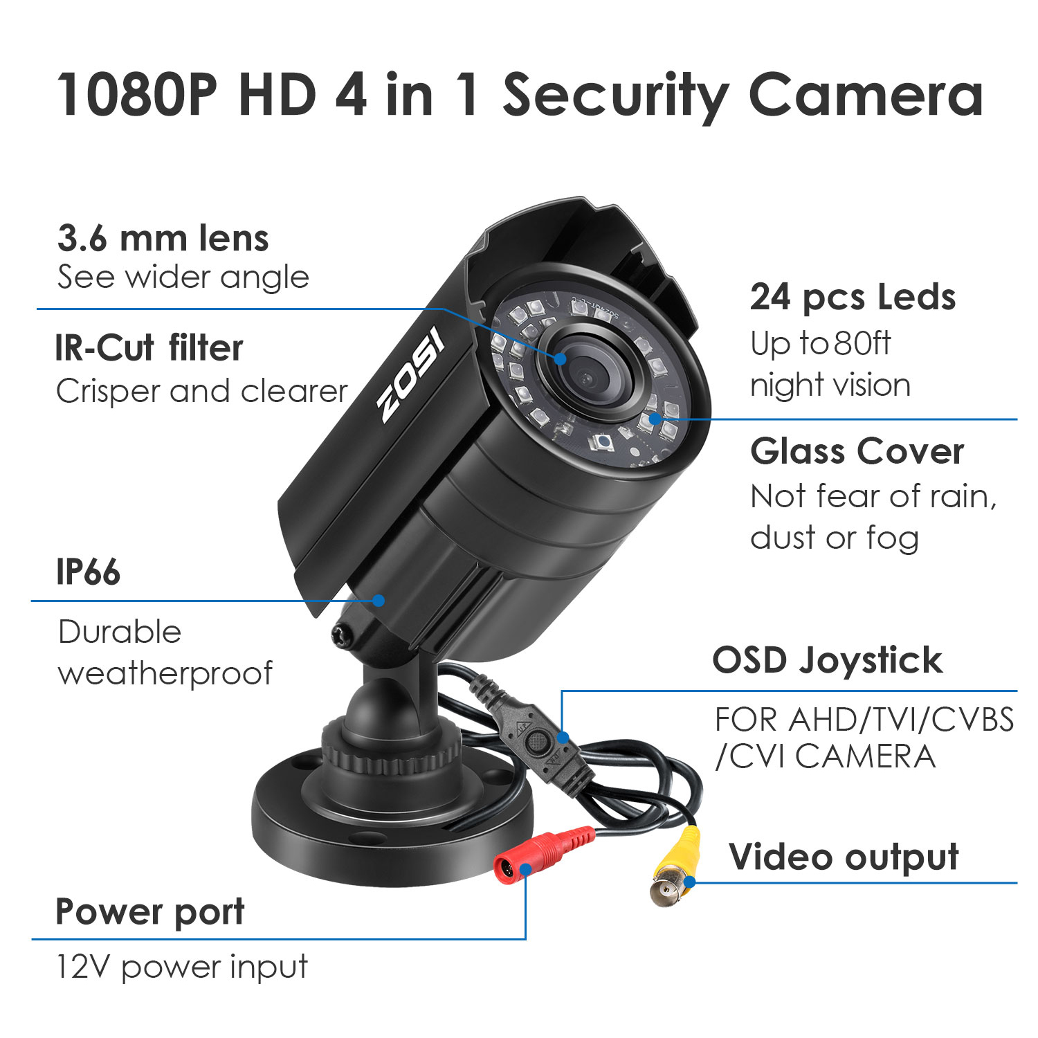 ZOSI 1080p 4in1 Wired Home CCTV Security Camera Outdoor Waterproof Night Vision