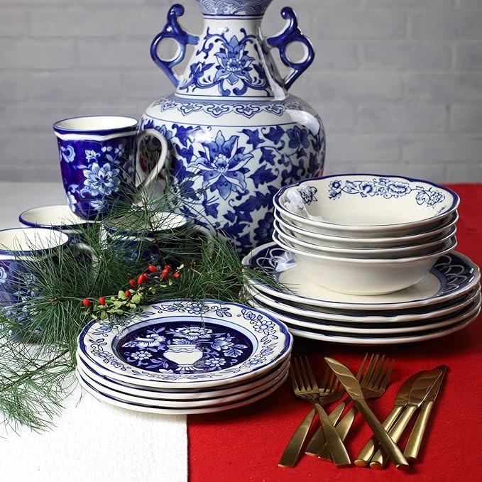 Euro Ceramica Blue Garden 16 Piece Oven Safe Hand Painted Stoneware Dinnerware Set, Service for 4, Bold Vase Design/Floral Pattern, White and blue