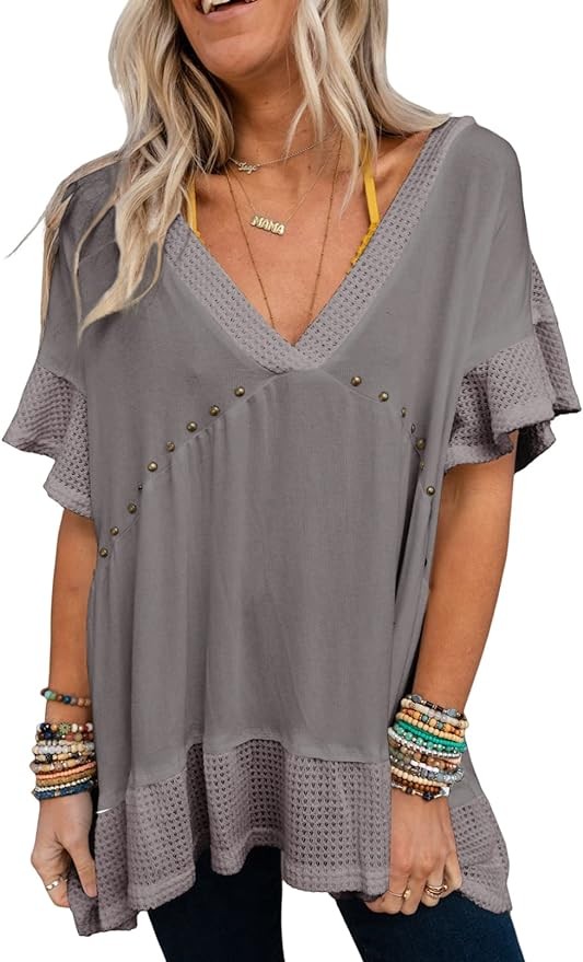 Dokotoo Womens Waffle Knit Tops V-Neck Ruffle Sleeve Blouse Stud Rivet Splicing Shirts