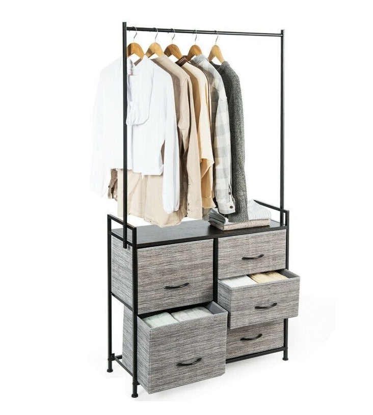 Dresser Hanger Metal Frame Wooden Top Storage Closet Organizer 5-Fabric Drawers