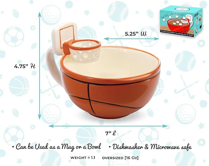 MAX'IS Creations The Mug with a Hoop Basketball Mug Novelty Hot Chocolate Coffee Mug w Mini Hoop Sports Cereal Bowl Coach Gift Basketball gifts for Boys 8-12 12-14 Basketball Accessories 16oz