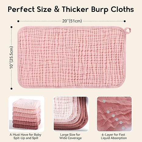 Unnivoll Muslin Burp Cloths for Baby 100% Cotton Burping Cloths for Boys Girls Large 20''X10'' Extra Soft and Absorbent 12 Pack - Gradient Pink