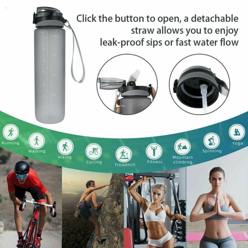 1L Sports Water Bottle Gym Travel Leakproof Drinking Bottle With Straw BPA Free