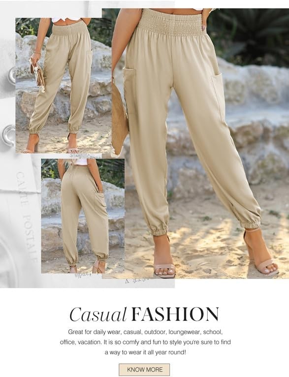 Dokotoo Womens Summer Boho Business Casual Smocked High Waisted Cargo Long Pants with Pockets