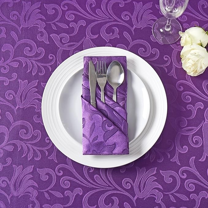 HommxJF 16 Pieces Scroll Damask Jacquard Satin Napkins Purple Cloth Napkins 17 x 17 inch,Water Resistant Spillproof Dinner Napkins for Restaurant Weddings Party Dinner Decoration