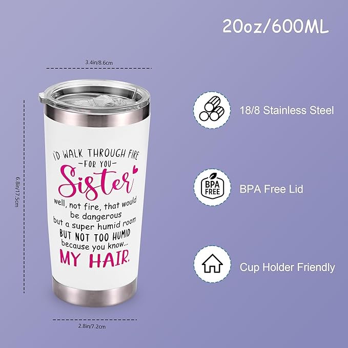 20oz Tumbler with Straws Lids, Birthday Gifts for Sister Best Friend Her,Funny Gifts for Sister from Brother Coffee Mug,Gift for Sister Cup,Sister Pink
