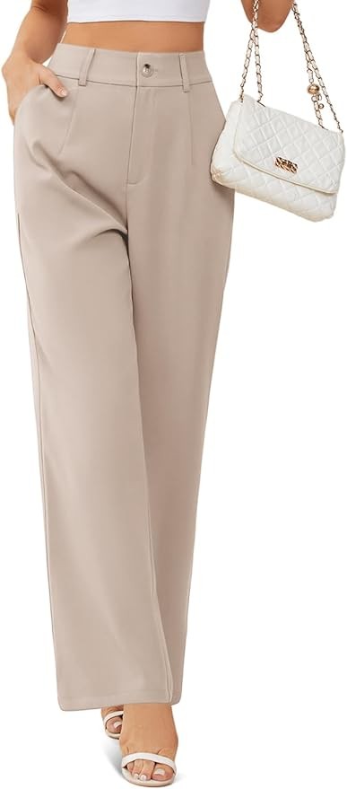 onlypuff Womens Wide Leg Pants High Waisted Slacks Straight Long Work Business Trousers with Pockets