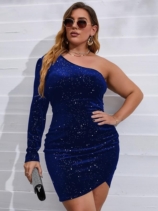 SOLY HUX Women's Plus Size One Shoulder Long Sleeve Ruched Wrap Velvet Bodycon Dress