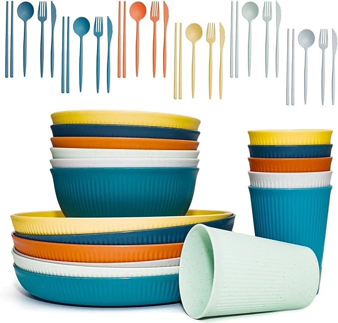 SHECIPIN 42Pcs Wheat Straw Dinnerware Sets, Unbreakable Plates and Bowls Sets, Eco Friendly Non Breakable Dinnerware, Dishwasher Microwave Safe Dinnerware