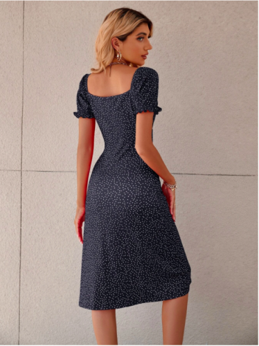 Black VCAY Polka Dot Puff Sleeve Tie Front Ruched Bust Slit Hem DressSz XS S M L