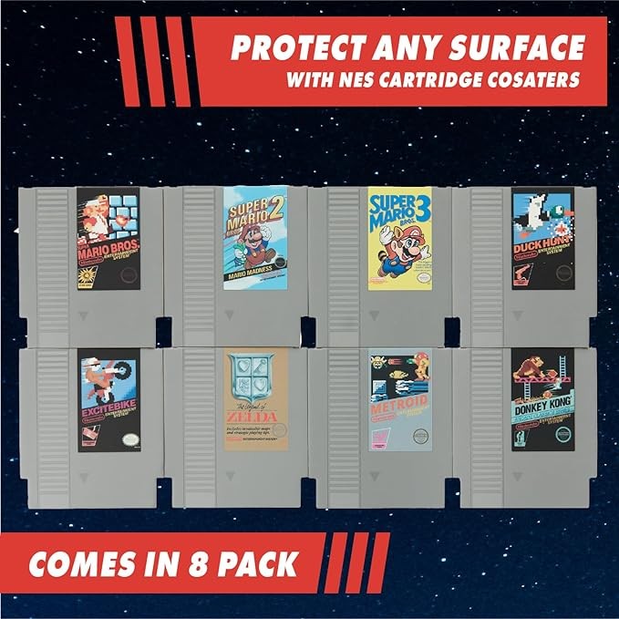 Paladone Nintendo NES Cartridge Retro Drink Coasters for Gamers - Set of 8 - Featuring Donkey Kong, Legend of Zelda, Super Mario, and More Classic Game