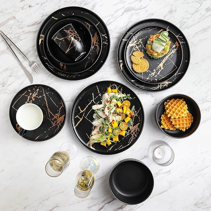 Stone Lain Modern Gold Splash Exquisite Fine China Dinnerware Set, 16 Piece - Service for 4, Black & Gold
