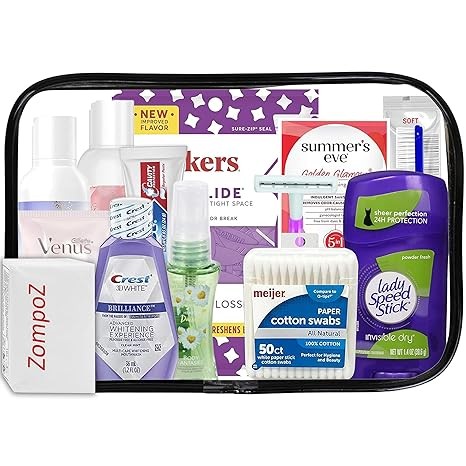 Womens Travel Toiletries Kit, Travel Bag of Hygiene Essentials for Bath, Shaving and Personal Care, 13 Mini TSA approved items in Reusable Zipper Bag with Bonus Zompo-Z Tissue Packet