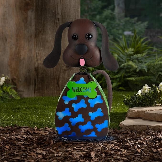 Way To Happiness Solar Metal Rustic Dog Garden Statue Powered Rechargeable Battery Blue Light Bobbling Head Brown Brushed Finish, 15 in Tall
