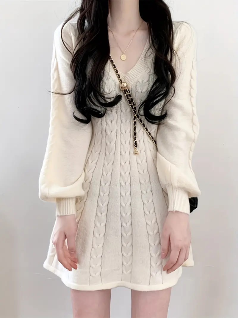 Solid Cable Knit Dress, Elegant V Neck Lantern Long Sleeve Dress, Women's Clothing