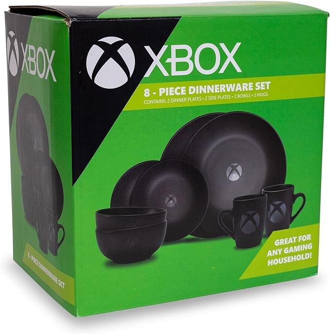 Xbox Matte Black 8-Piece Ceramic Dinnerware Set | Includes Salad Plates, Soup Bowls, Mugs
