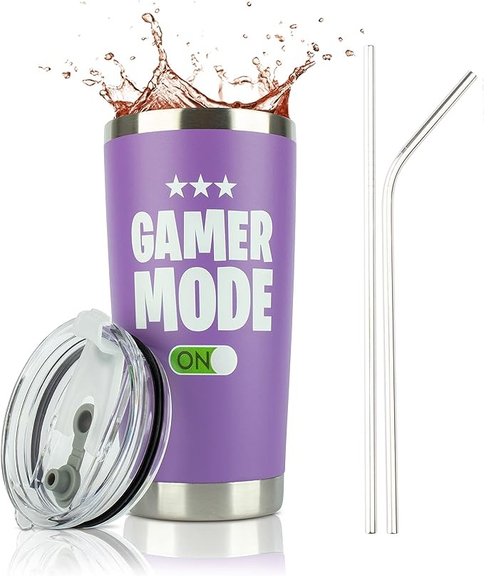 JENVIO Gamer Gifts for Men - Gamer Mode ON - Stainless Steel Tumbler for Coffee/Cold Drinks w Lid and 2 Straws | Gift Idea Gamer Cup - Video Gamer Mug Boys Valentine's Day Gift (20 Ounce Purple)