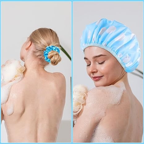 2 Packs Large Shower Cap, Waterproof Reusable Shower Cap Double Layers Hat Bath Caps with Hair Scrunchies for Home Spa Salon